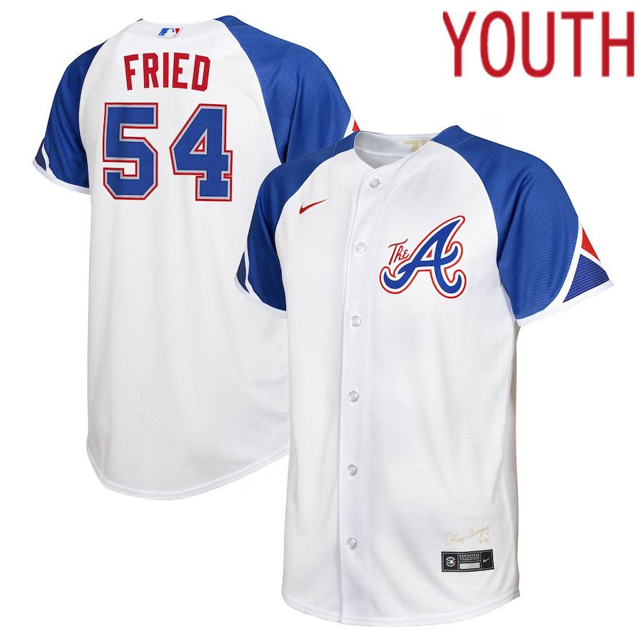 Youth Atlanta Braves #54 Max Fried Nike White 2023 City Connect Replica Player MLB Jersey->women mlb jersey->Women Jersey